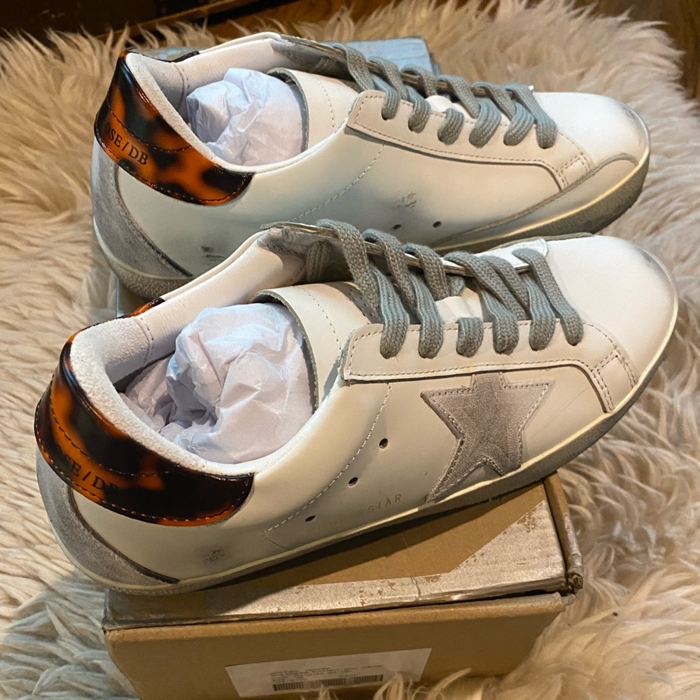 golden knock off goose white distressed leather star italian tortoise